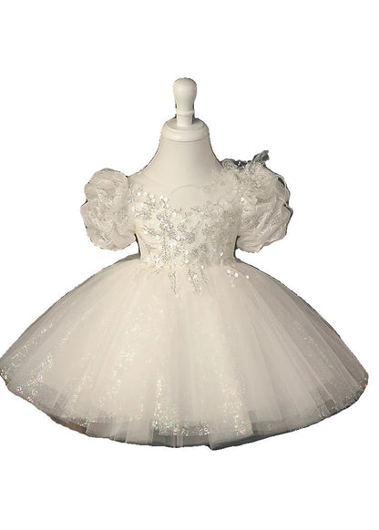 Beautiful White O-Neck Sequins Tunic Tulle Kids Maxi Dresses Summer YG009