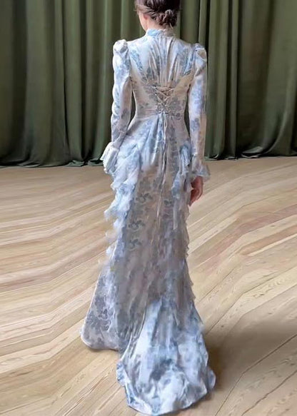 Ruffles Beautiful Print Long White Dresses Chiffon Spring