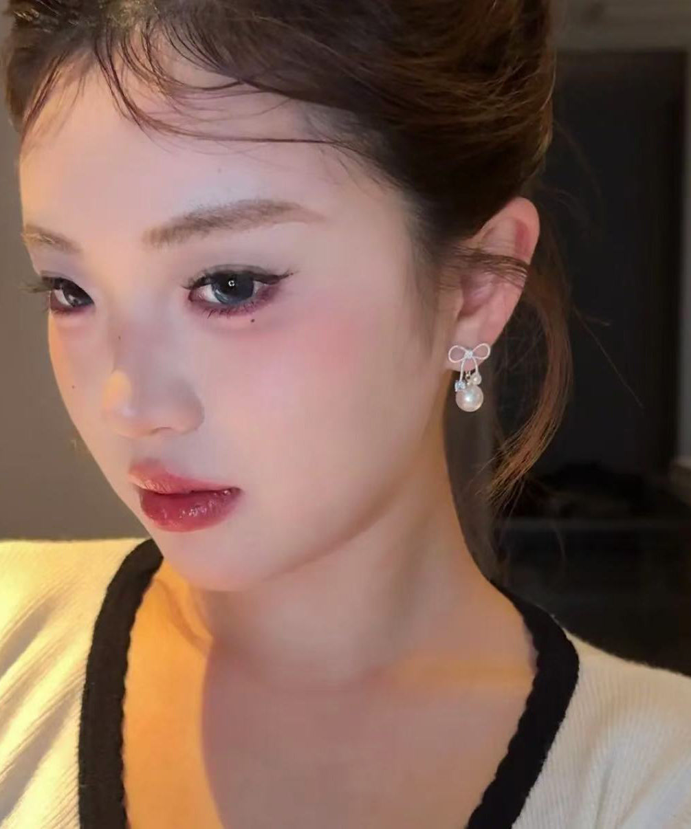 Earrings White Sterling Bow Alloy Drop Beautiful Pearl Silver