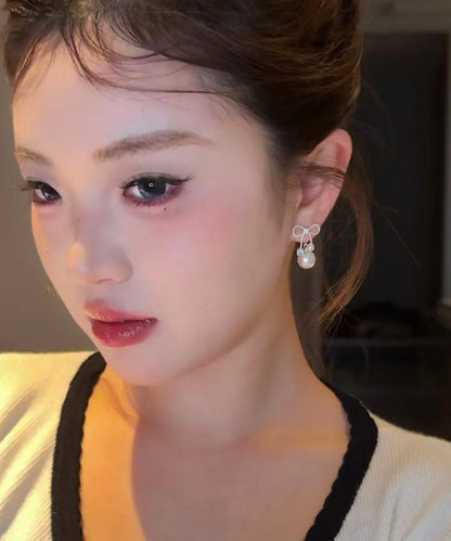 Earrings White Sterling Bow Alloy Drop Beautiful Pearl Silver