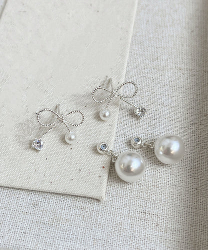 Earrings White Sterling Bow Alloy Drop Beautiful Pearl Silver