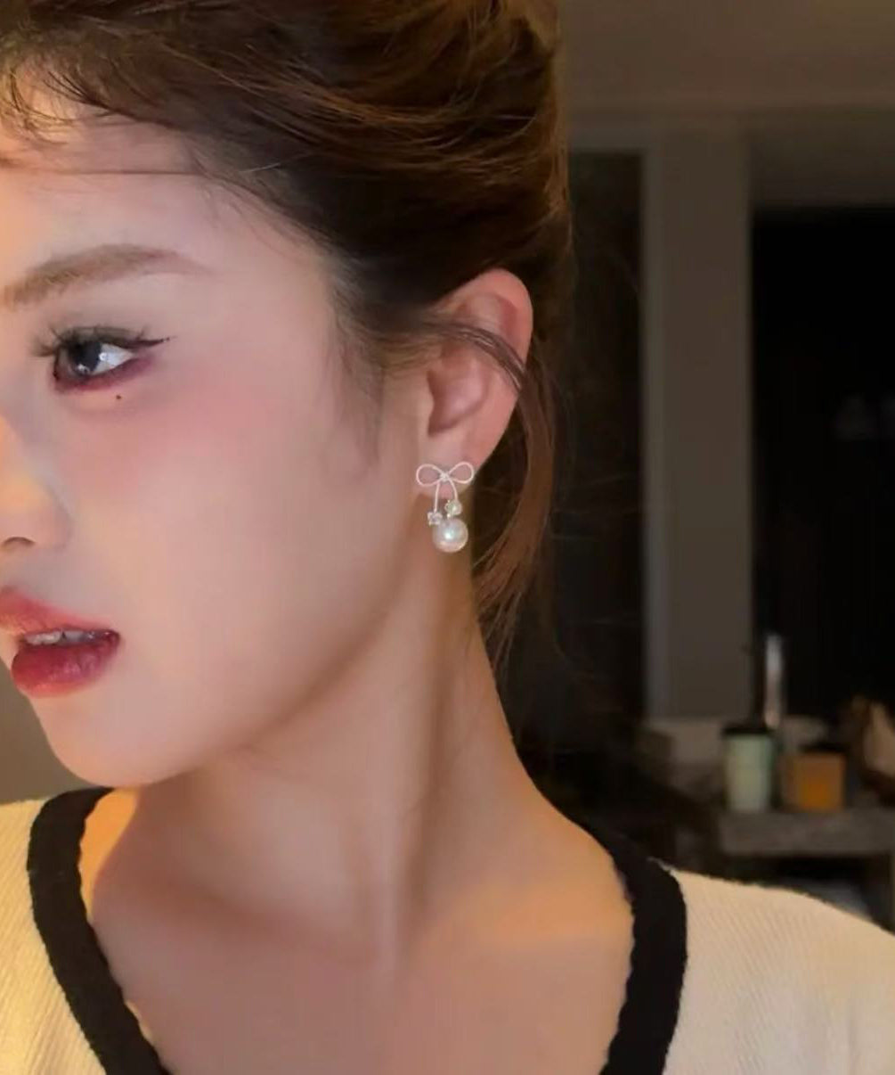 Earrings White Sterling Bow Alloy Drop Beautiful Pearl Silver