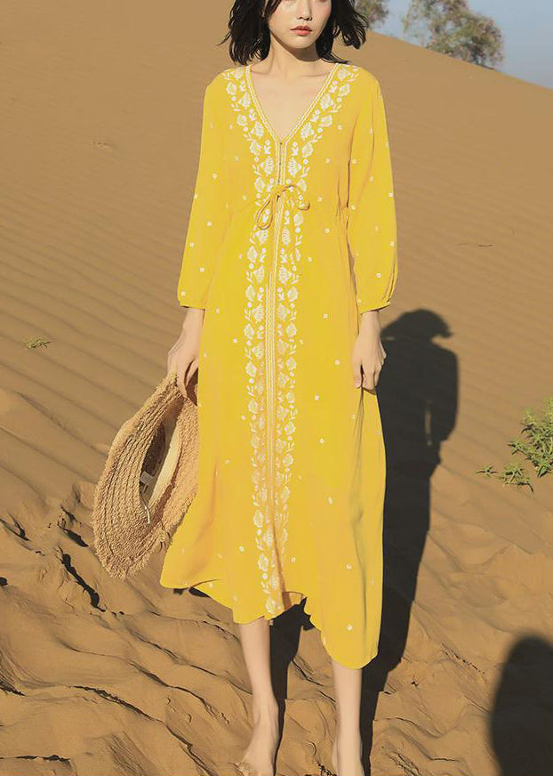 Embroidered Long Beautiful Yellow Bracelet Lace Up Cotton Dresses