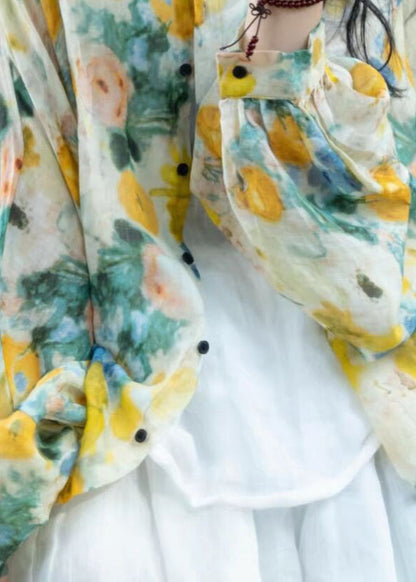 Beautiful Yellow Print Button Linen Loose Shirts Lantern Sleeve TI028