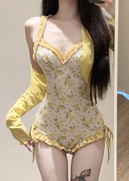 Set And Lingerie Bodysuit Beautiful Smock Yellow Print