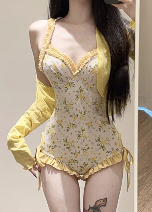 Set And Lingerie Bodysuit Beautiful Smock Yellow Print