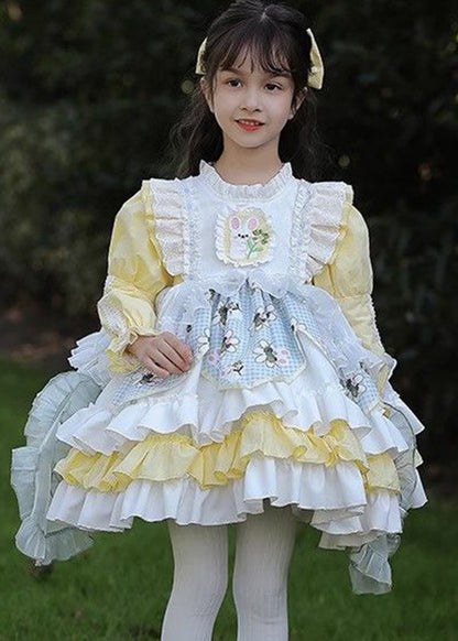 Beautiful Yellow Ruffled Patchwork Kids Mid Dress Spring YE027