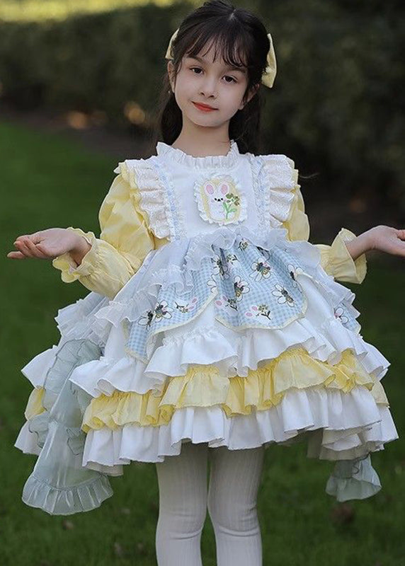 Beautiful Yellow Ruffled Patchwork Kids Mid Dress Spring YE027