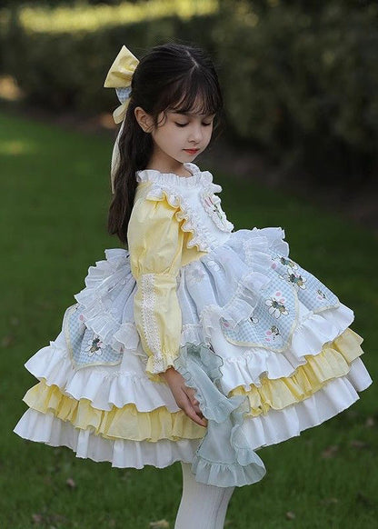 Beautiful Yellow Ruffled Patchwork Kids Mid Dress Spring YE027