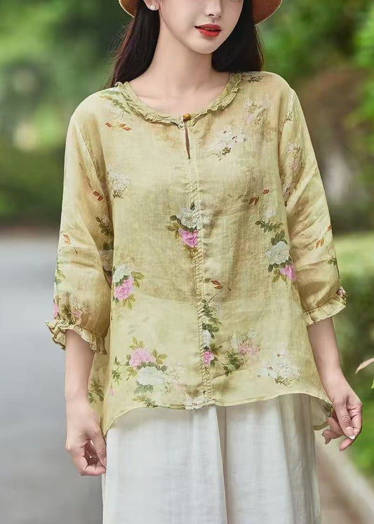 Blouse Ruffled Yellow Sleeve Linen Beautiful Bracelet Print