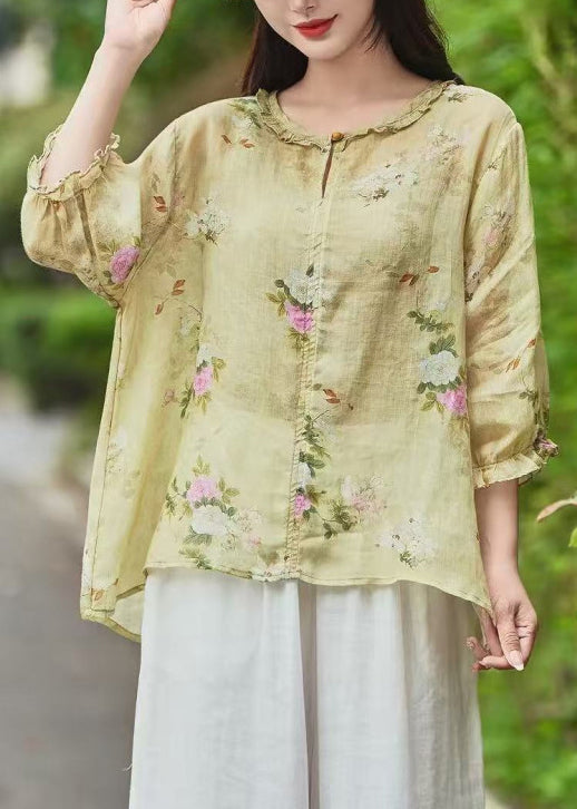 Blouse Ruffled Yellow Sleeve Linen Beautiful Bracelet Print