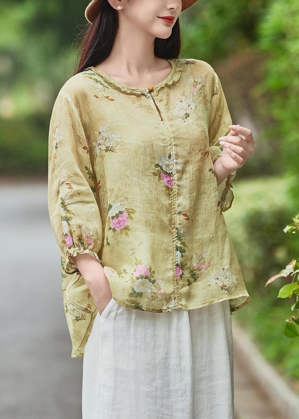 Blouse Ruffled Yellow Sleeve Linen Beautiful Bracelet Print