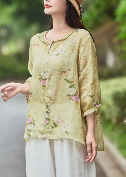 Blouse Ruffled Yellow Sleeve Linen Beautiful Bracelet Print