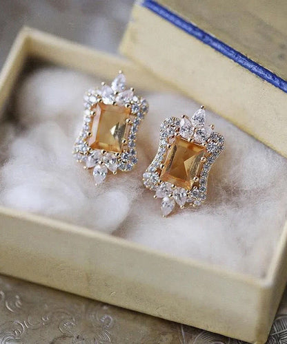 Beautiful Yellow Sterling Silver Overgild Zircon Stud Earrings TX046