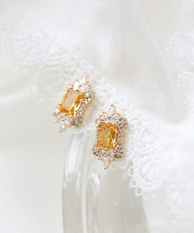 Beautiful Yellow Sterling Silver Overgild Zircon Stud Earrings TX046