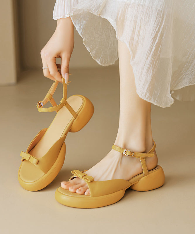 Toe Bow Splicing Peep Buckle Platform Beige Strap Sandals