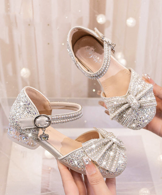 Bow Shoes Buckle Fashion Strap Beige Kids Zircon Princess Girls