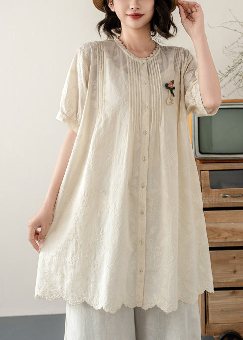 Tops Embroidered Line A Beige Wrinkled Summer Cotton