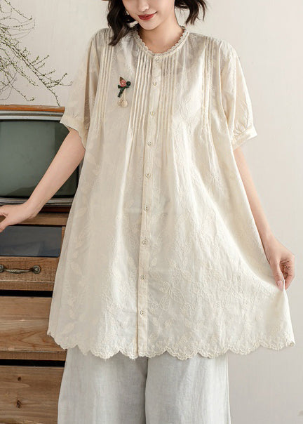 Tops Embroidered Line A Beige Wrinkled Summer Cotton
