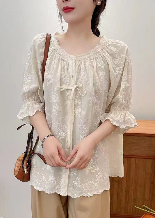 Lace Summer Beige Cotton Embroidered Shirts Up