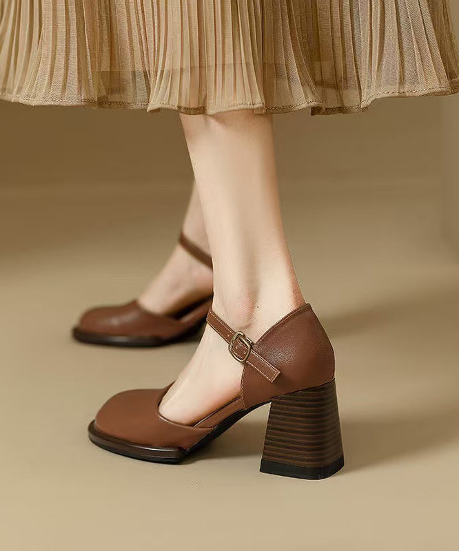 Classy Heel Sandals Leather Beige Cowhide Chunky Splicing