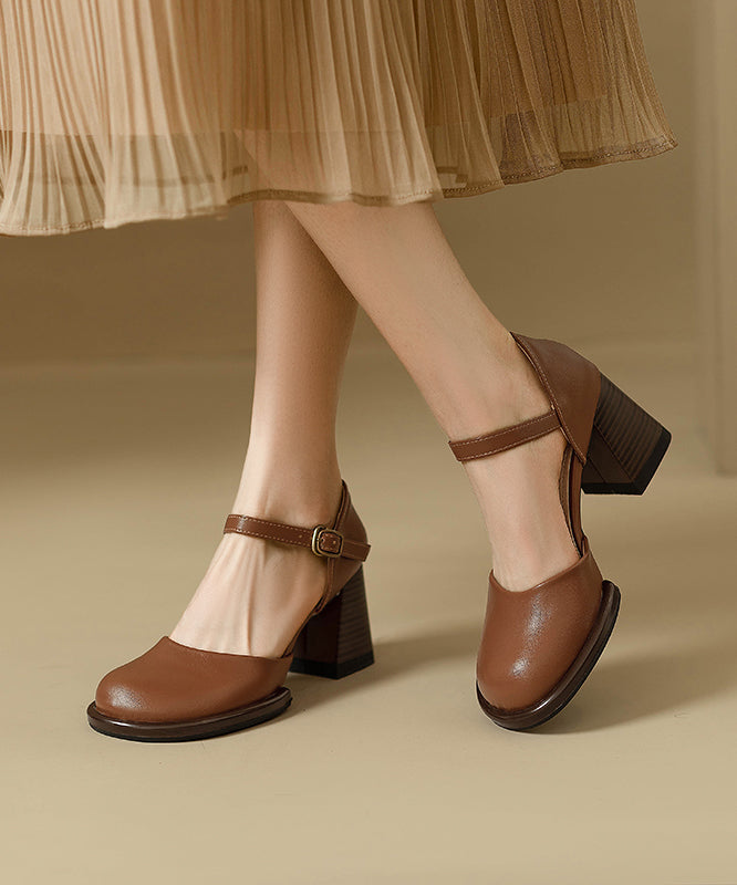 Classy Heel Sandals Leather Beige Cowhide Chunky Splicing