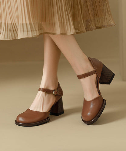 Classy Heel Sandals Leather Beige Cowhide Chunky Splicing