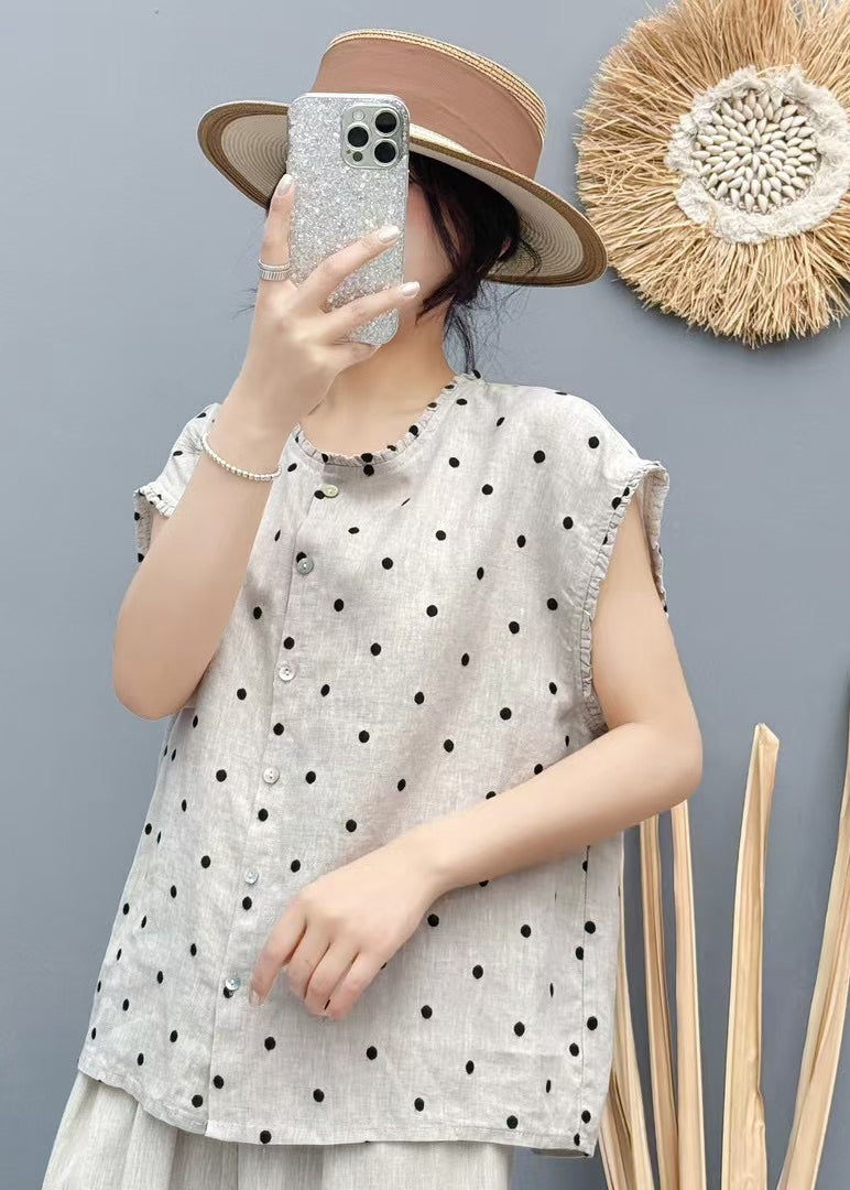 Sleeveless Oversized Beige Dot Beach Vest Linen