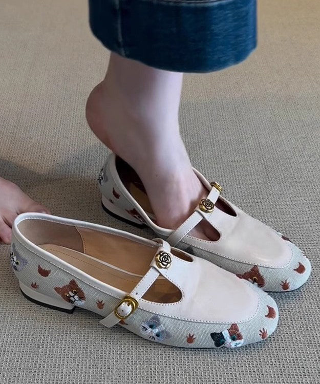 Hollow Flat Embroidered Faux Leather Shoes Out Beige