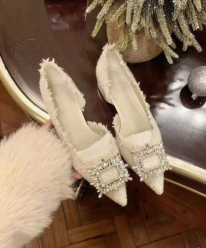 French Beige Shoes Feet Zircon Pointed Toe Splicing Flat