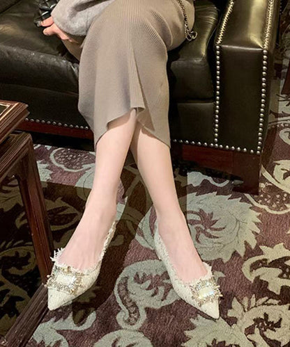 French Beige Shoes Feet Zircon Pointed Toe Splicing Flat