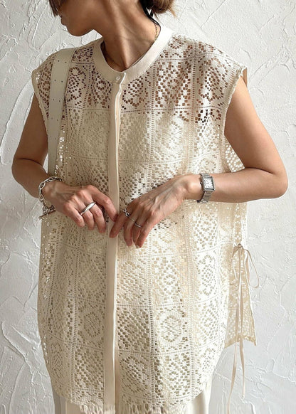 Sleeveless Vests Hollow Up Oversized Lace Out Beige