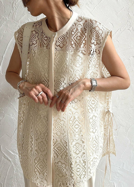 Sleeveless Vests Hollow Up Oversized Lace Out Beige
