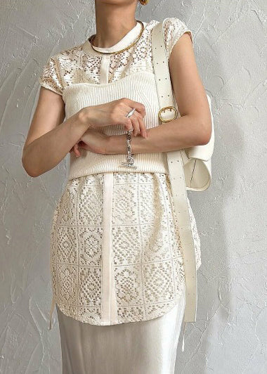 Sleeveless Vests Hollow Up Oversized Lace Out Beige