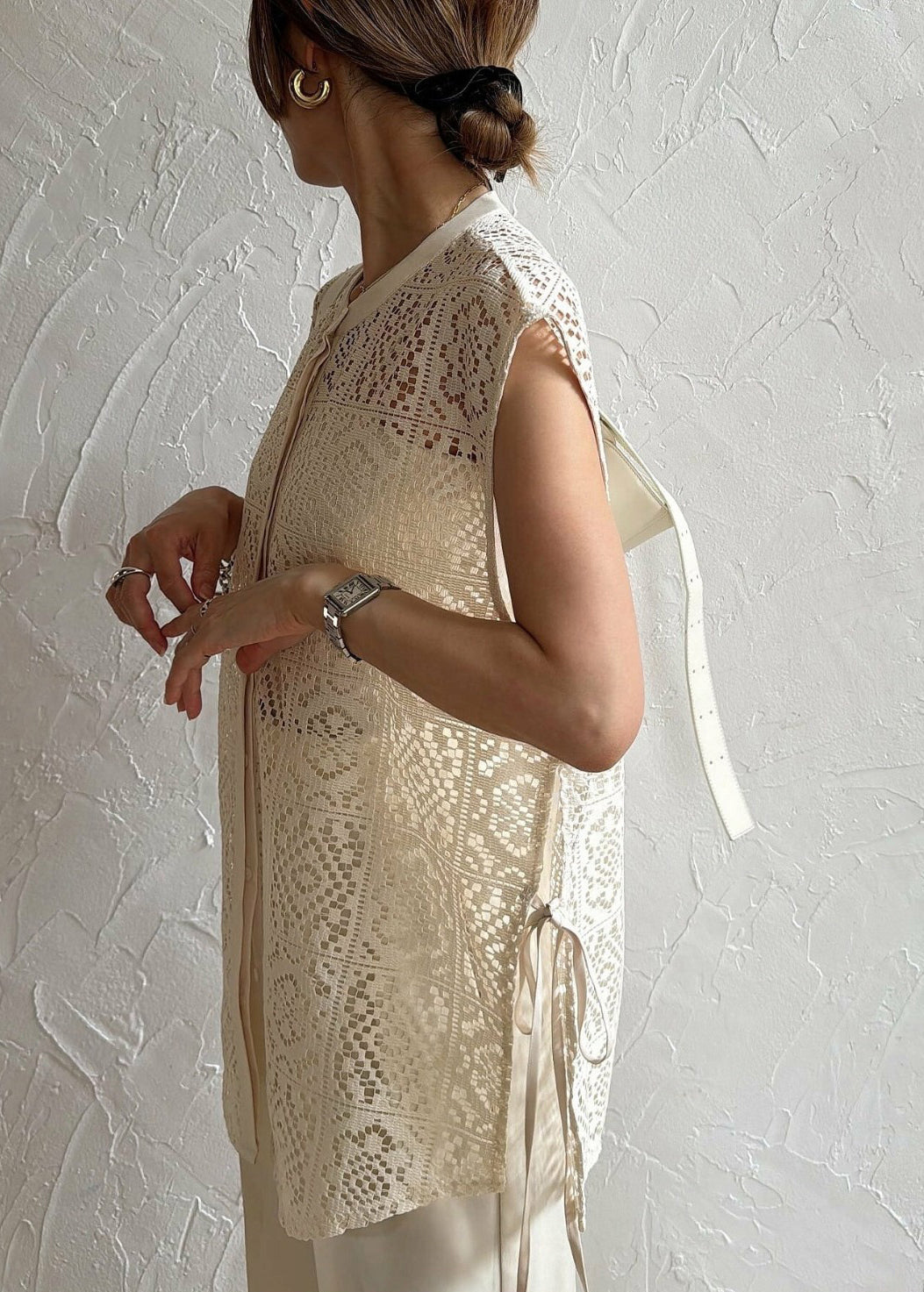 Sleeveless Vests Hollow Up Oversized Lace Out Beige