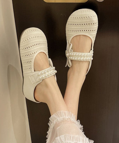 Platform Sandals Beige Slide Nail Bead Splicing Knit Breathable