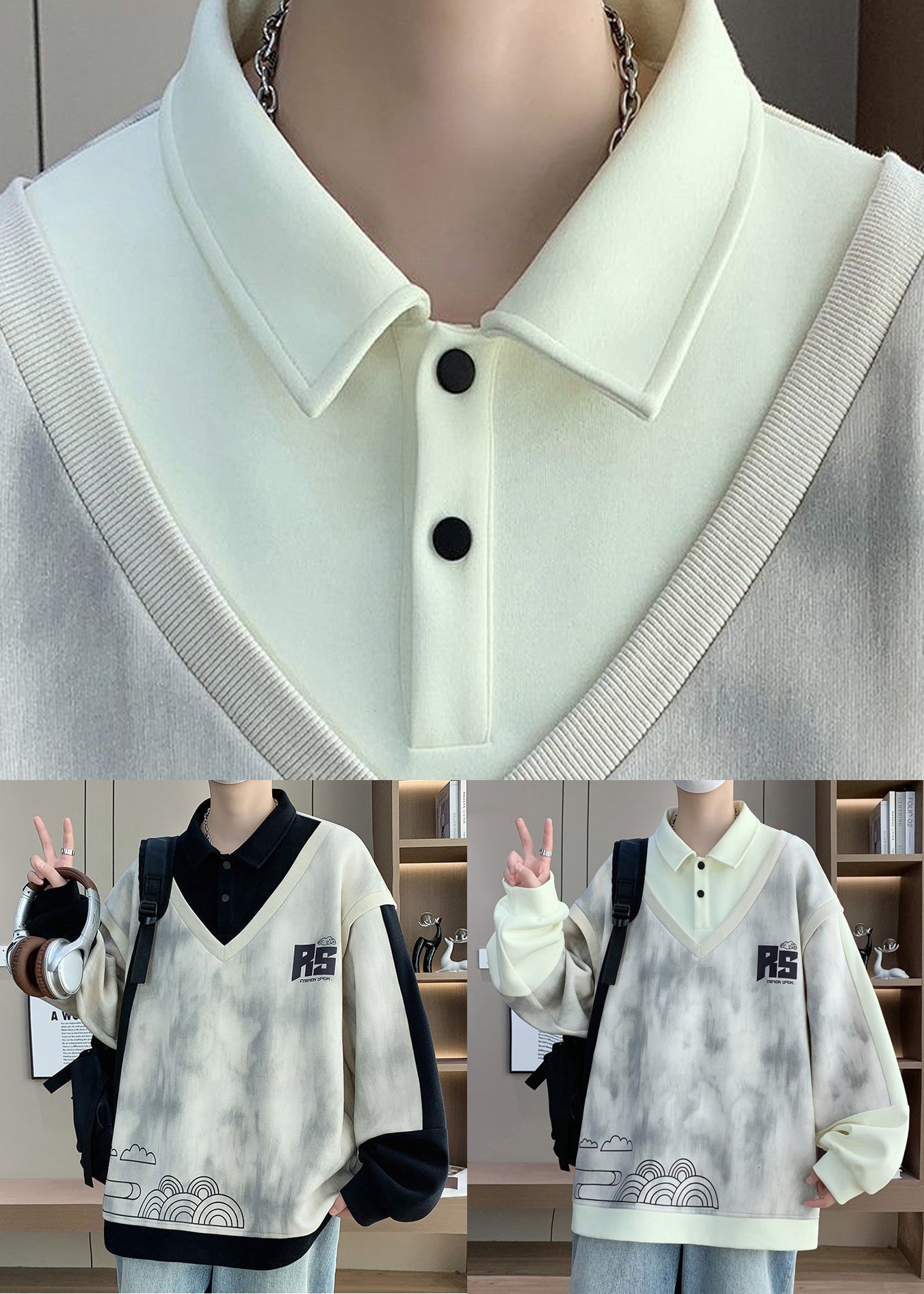 Peter Cotton Pieces Patchwork Sweatshirt Mens Two Beige False Pan