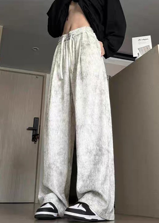 Cotton Wide Leg Tie Up Men Pockets Pants Lace Beige Dye