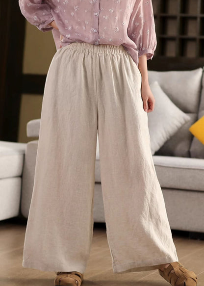Pants Elastic Pockets Linen Loose Leg Waist Beige Summer Wide
