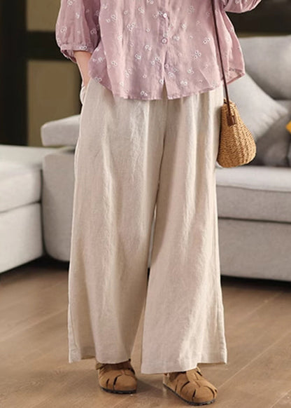 Pants Elastic Pockets Linen Loose Leg Waist Beige Summer Wide