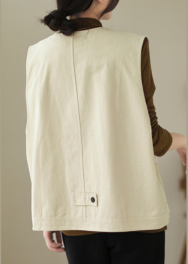 Beige Pockets Patchwork Cotton Vest V Neck Sleeveless TI026