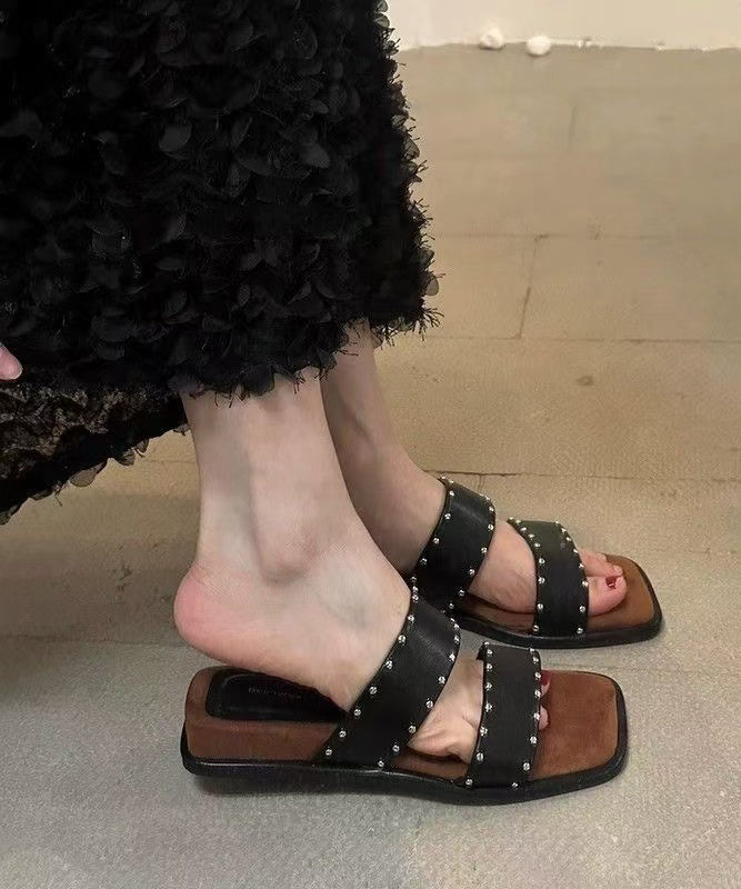 Wedge Sandals Peep Rivet Splicing Slide Beige Toe