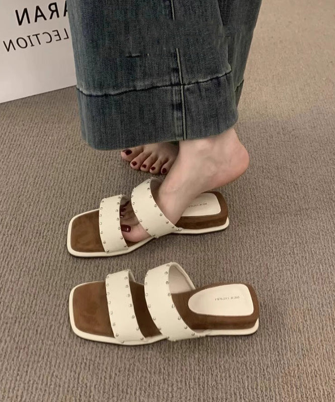 Wedge Sandals Peep Rivet Splicing Slide Beige Toe