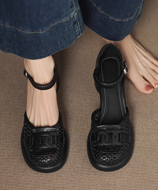 Sheepskin Splicing Strap Chunky Heel Buckle Sandals Beige