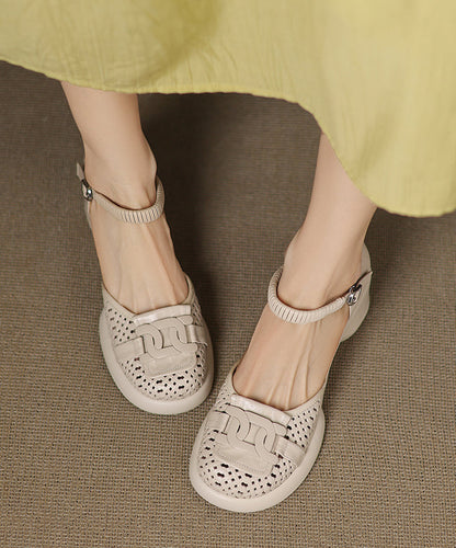 Sheepskin Splicing Strap Chunky Heel Buckle Sandals Beige