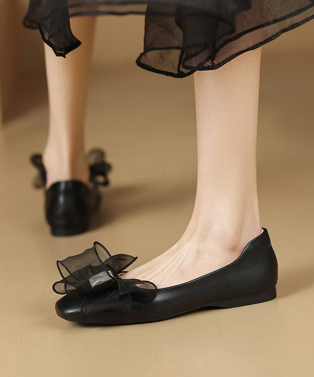 French Sheepskin Splicing Flats Bow Beige