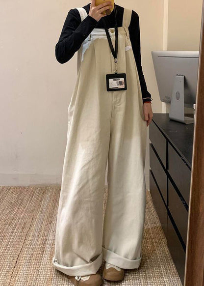 Summer Wide Beige Denim Waist High Leg Jumpsuit Solid