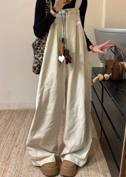 Waist Jumpsuit Solid Wide Denim Summer High Beige Leg