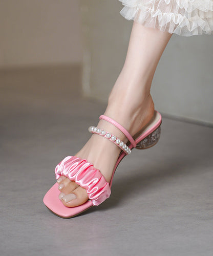 Bead Sandals Splicing Satin Chunky Slide Toe Peep Nail Beige