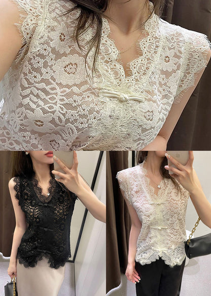 Beige V Neck Button Lace Vest Summer VB1069